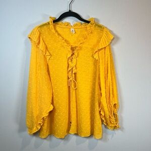 Anthropologie Haida Swiss Dot Peasant Blouse Top Yellow Ruffle Cottagecore Large